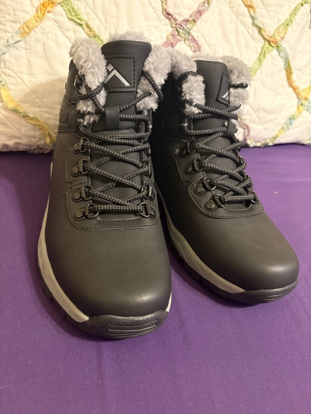 Women's Insulated Ankle Booties - Black with Gray Fur Trim